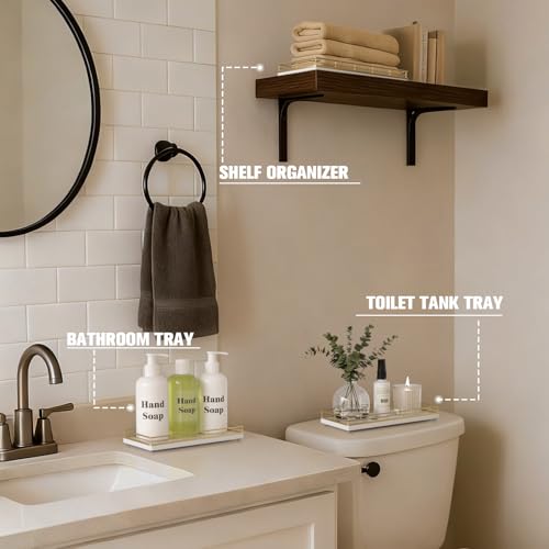 Focusonit Bathroom Vanity Tray for Countertop, 12" x 6" Oak Wood Toilet Tank Tray with Metal Guardrail, Bathroom Organizer for Soap, Perfume & Skincare, Non-Slip Decorative Tray for Dresser, Gold & White - Image 4