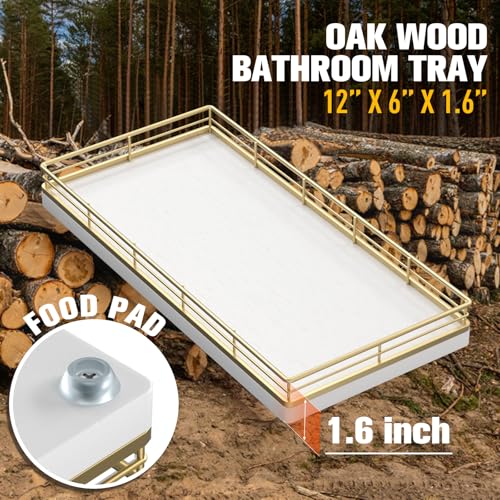 Focusonit Bathroom Vanity Tray for Countertop, 12" x 6" Oak Wood Toilet Tank Tray with Metal Guardrail, Bathroom Organizer for Soap, Perfume & Skincare, Non-Slip Decorative Tray for Dresser, Gold & White - Image 3