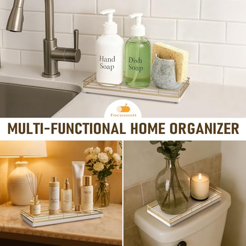 Focusonit Bathroom Vanity Tray for Countertop, 12" x 6" Oak Wood Toilet Tank Tray with Metal Guardrail, Bathroom Organizer for Soap, Perfume & Skincare, Non-Slip Decorative Tray for Dresser, Gold & White - Image 5
