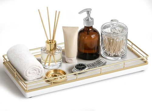 Focusonit Bathroom Vanity Tray for Countertop, 12" x 6" Oak Wood Toilet Tank Tray with Metal Guardrail, Bathroom Organizer for Soap, Perfume & Skincare, Non-Slip Decorative Tray for Dresser, Gold & White - Image 1