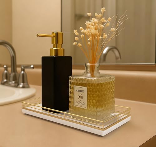 Focusonit Bathroom Vanity Tray for Countertop, 12" x 6" Oak Wood Toilet Tank Tray with Metal Guardrail, Bathroom Organizer for Soap, Perfume & Skincare, Non-Slip Decorative Tray for Dresser, Gold & White - Image 2