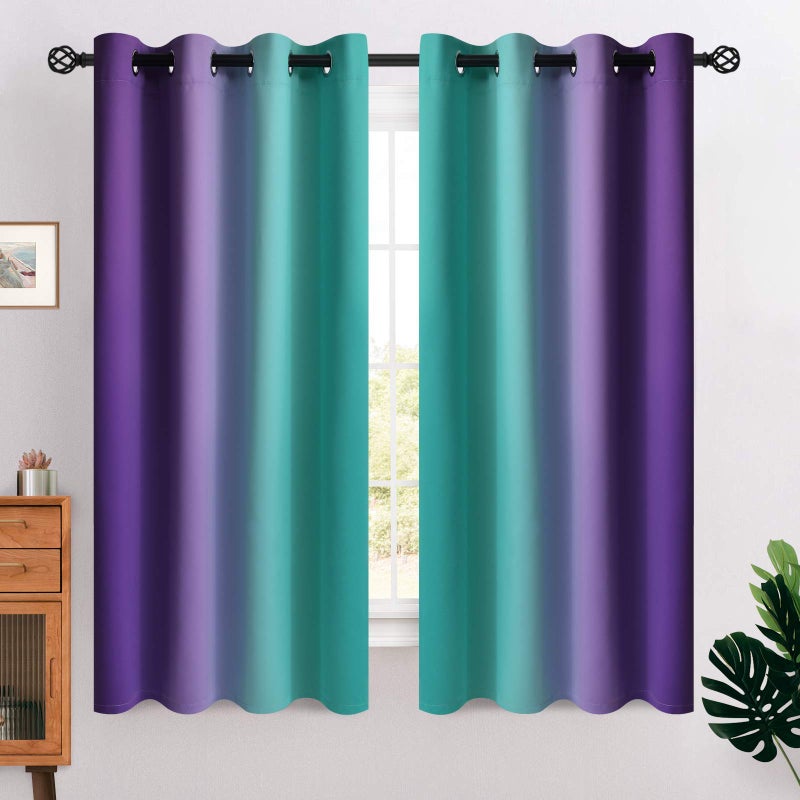 COSVIYA Grommet Ombre Room Darkening Curtains 63 inches Length for KidsGirls Bedroom Polyester Light Blocking Teal and Purple Gradient Window DrapesCurtains for Living Room2 Panels 52x63 inches