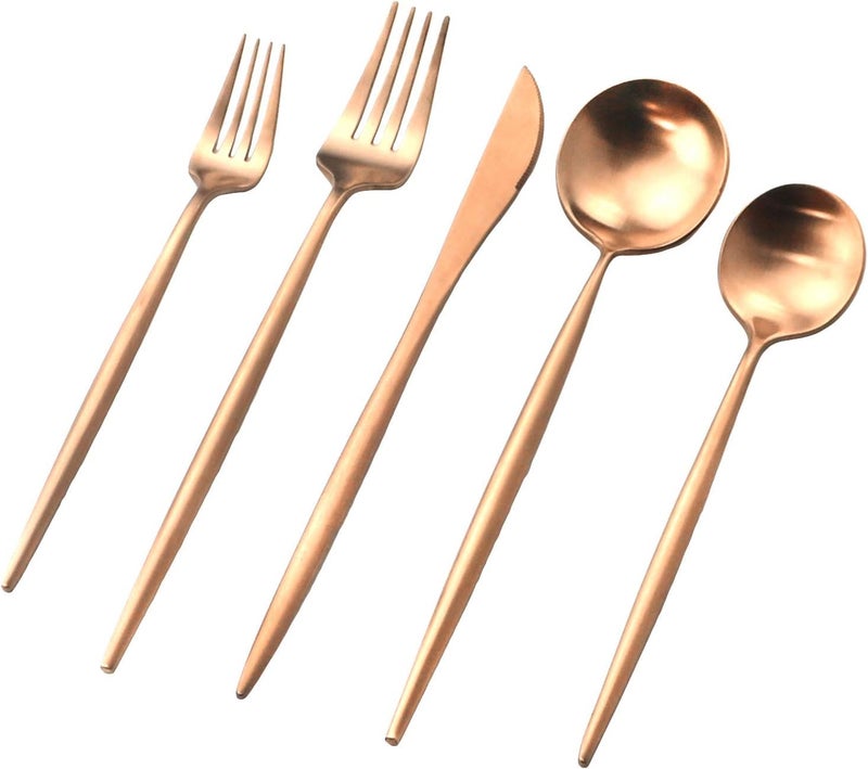 KEYOZA 5 Pieces Stainless Steel Cutlery Set Dessert Spoon Knife Tableware Portuguese Cutlery Set FiveRose Gold1Set5Pcs - Image 1