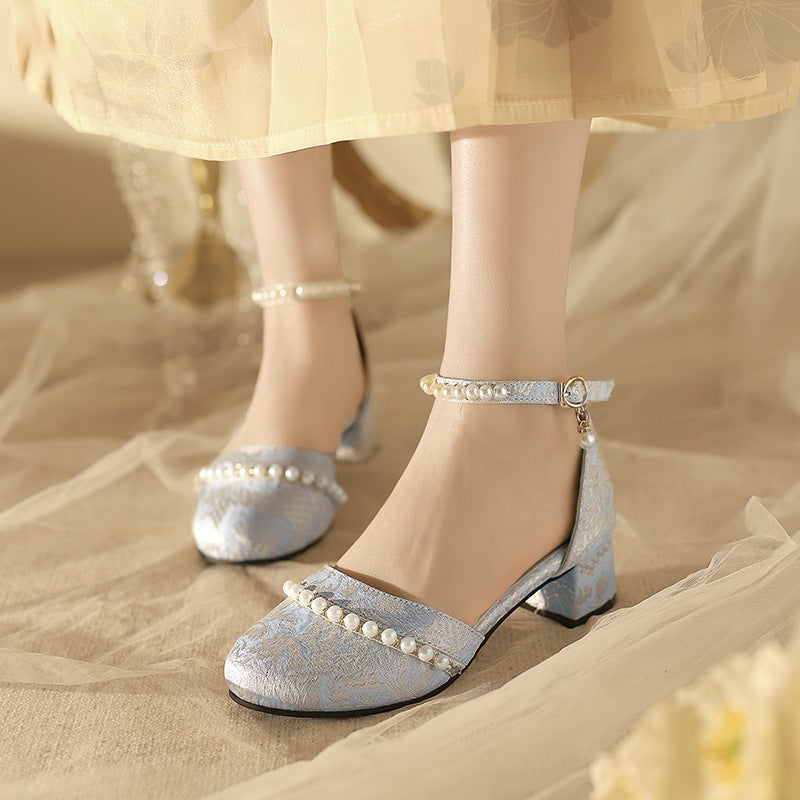 2024 Summer Comfortable Mid-Heel Antique 33-47 Satin Sweet Pearl Chinese-Style Hollow Sandals - Image 2