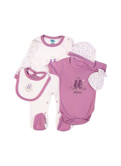 Babies Basic 5 Piece Unisex 100% Cotton Gift Set Include Bib, Romper, Mittens, Cap And Sleepsuit/Jumpsuit- Hello Autumn  - Image 2