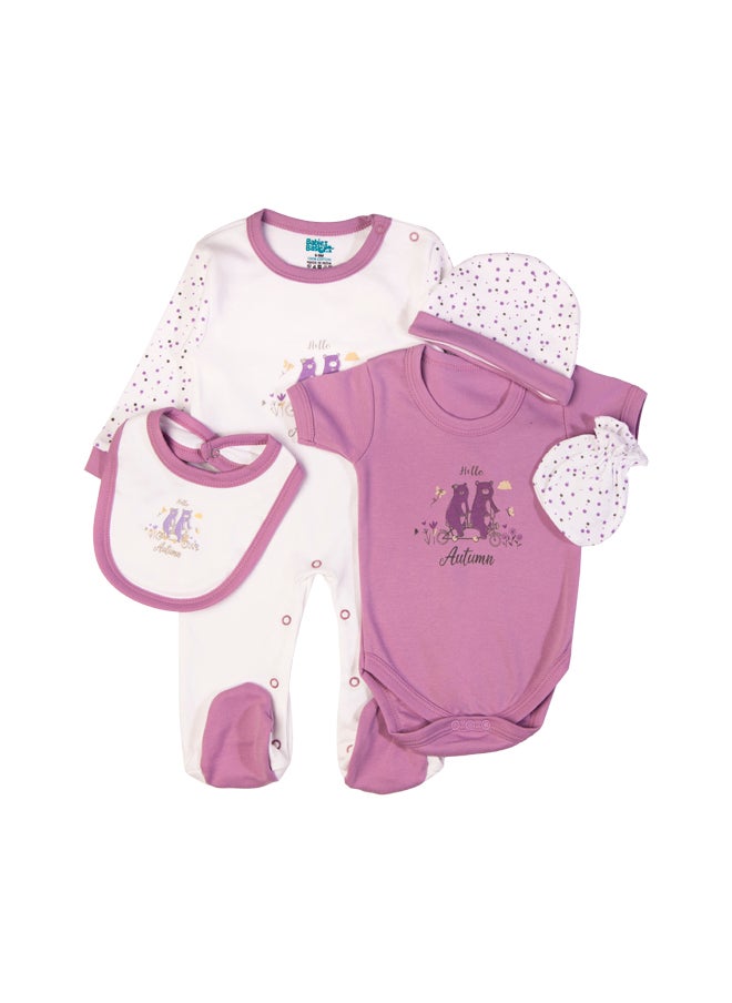 Babies Basic - 5 Piece Unisex 100% Cotton Gift Set Include Bib, Romper, Mittens, Cap And Sleepsuit/Jumpsuit- Hello Autumn - Image 1