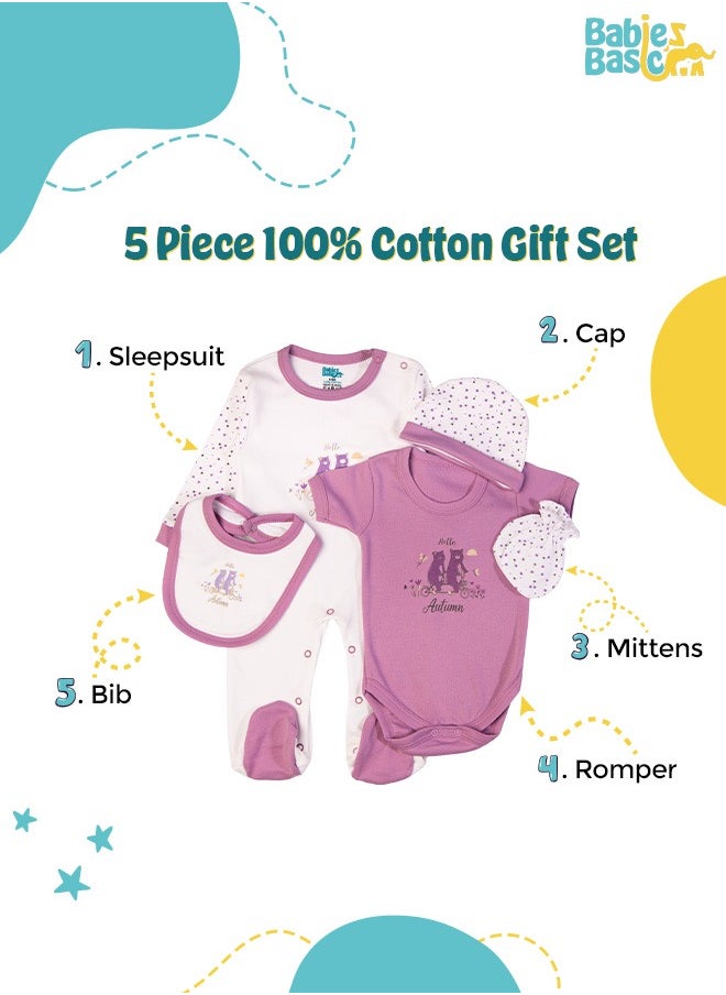 Babies Basic - 5 Piece Unisex 100% Cotton Gift Set Include Bib, Romper, Mittens, Cap And Sleepsuit/Jumpsuit- Hello Autumn - Image 1