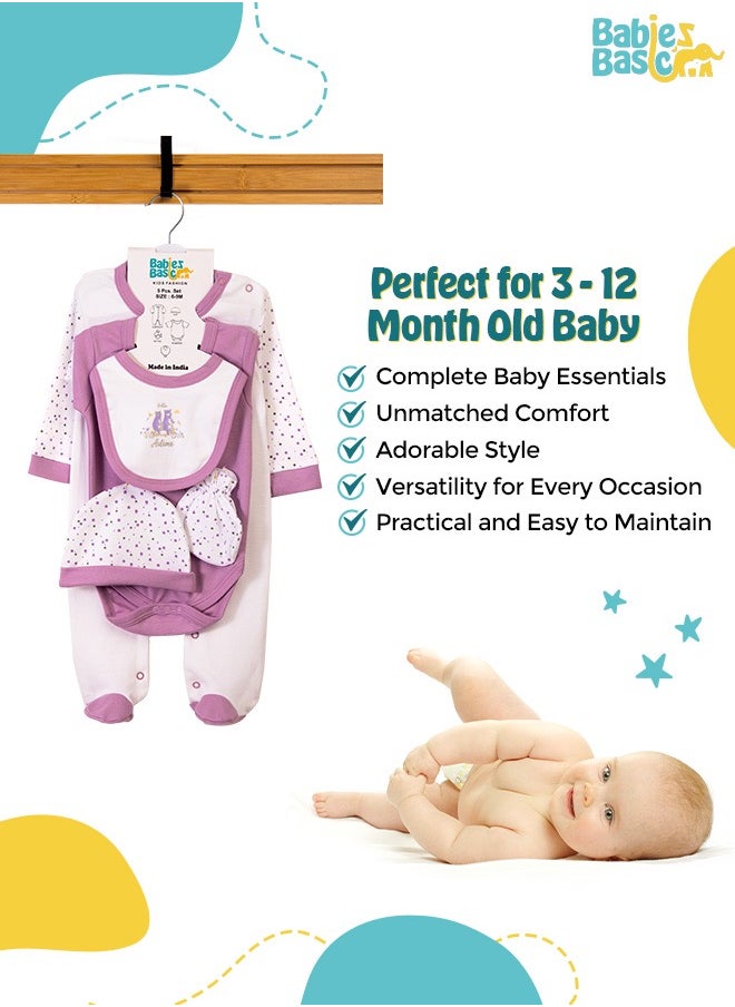 Babies Basic - 5 Piece Unisex 100% Cotton Gift Set Include Bib, Romper, Mittens, Cap And Sleepsuit/Jumpsuit- Hello Autumn - Image 1