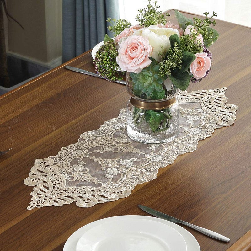 ARTABLE Lace Table Runner Dresser Scarf Macrame Embroidered Table Runners with Exquisite Flower Vintage Shabby Chic for Wedding Holiday Dinning (Champagne, 10 x 36 Inch) - Image 1