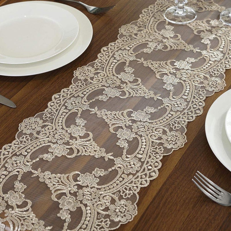ARTABLE Lace Table Runner Dresser Scarf Macrame Embroidered Table Runners with Exquisite Flower Vintage Shabby Chic for Wedding Holiday Dinning (Champagne, 10 x 36 Inch) - Image 5
