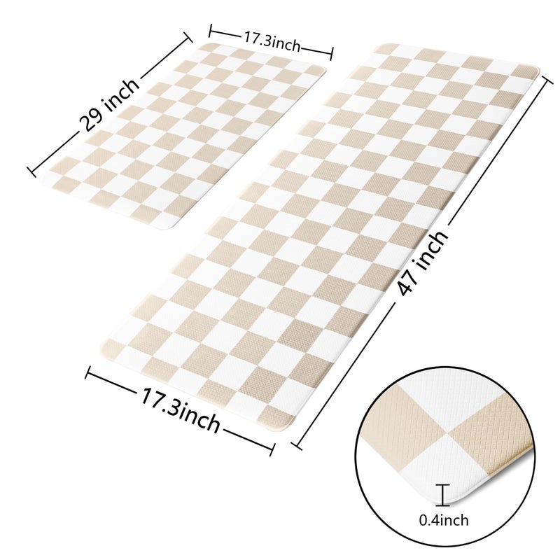 VivaNest Cream Checkered Grid Checkerboard Kitchen Rug Sets [2 PCs], Anti-Fatigue, Waterproof Non-Slip Kitchen Mats Heavy Duty Ergonomic Comfort Foam Rug for Floor, Home, Laundry,17"x29"+17"x47" - Image 3