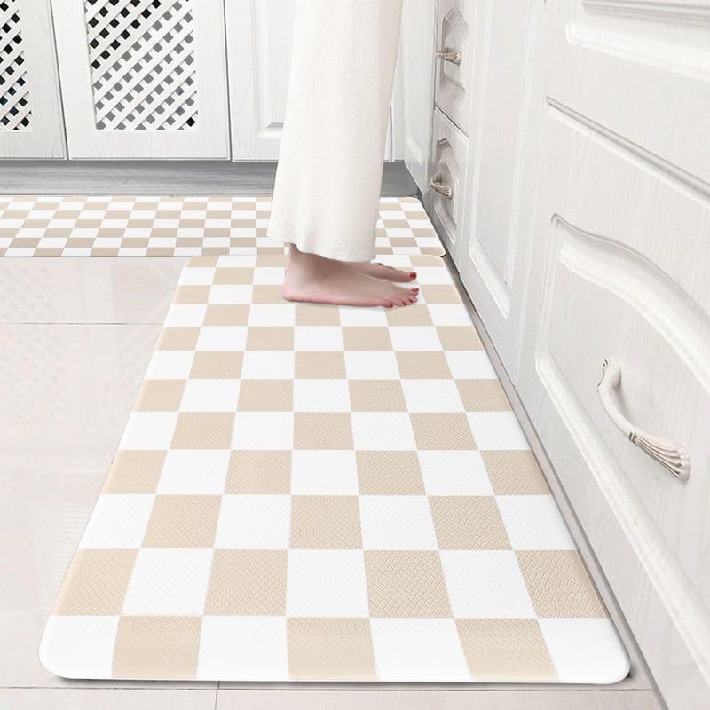 VivaNest Cream Checkered Grid Checkerboard Kitchen Rug Sets [2 PCs], Anti-Fatigue, Waterproof Non-Slip Kitchen Mats Heavy Duty Ergonomic Comfort Foam Rug for Floor, Home, Laundry,17"x29"+17"x47" - Image 1