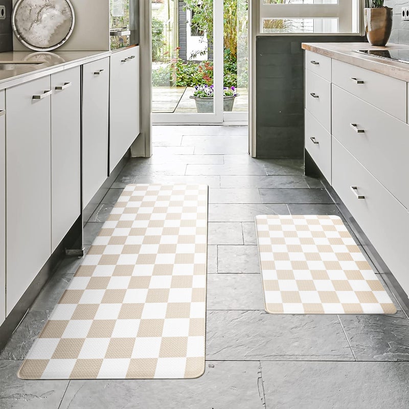 VivaNest Cream Checkered Grid Checkerboard Kitchen Rug Sets [2 PCs], Anti-Fatigue, Waterproof Non-Slip Kitchen Mats Heavy Duty Ergonomic Comfort Foam Rug for Floor, Home, Laundry,17"x29"+17"x47" - Image 2