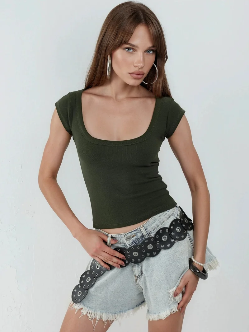 Busem BUSEM Slim Fit Ribbed U Collar Blouse