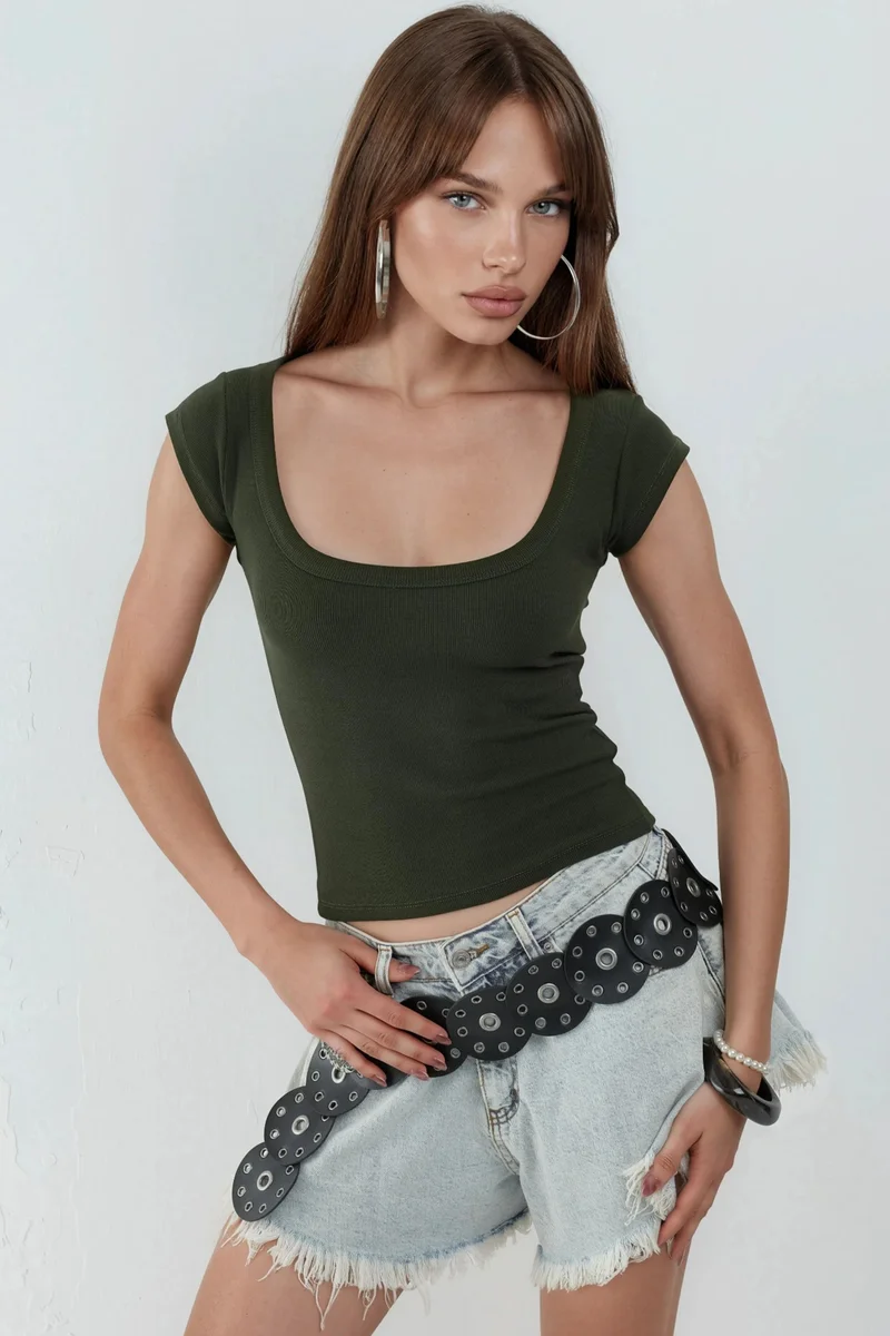 بوسيم BUSEM Slim Fit Ribbed U Collar Blouse