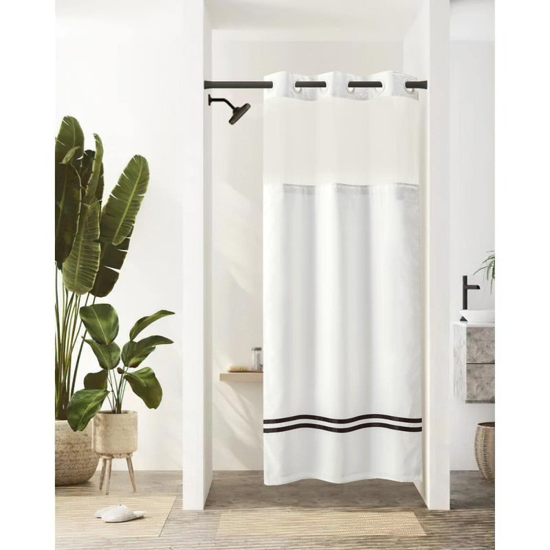 River Dream Stall Shower Curtain with Snap in LinerNo Hooks Needed Shower Curtain for BathroomHotel GradeMachine Washable36 W74 HWhitewith Black Stripe and Magnets - Image 3