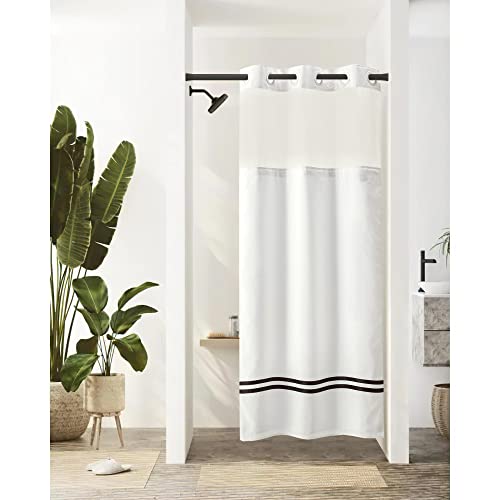 River Dream Stall Shower Curtain with Snap in LinerNo Hooks Needed Shower Curtain for BathroomHotel GradeMachine Washable36 W74 HWhitewith Black Stripe and Magnets - Image 1