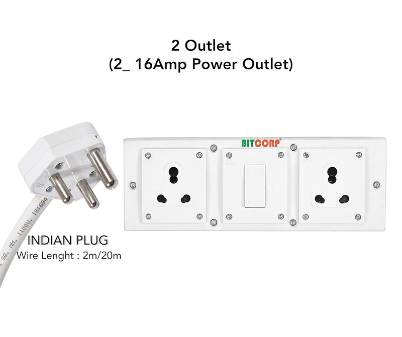 BITCORP Bitcorp Extension Board 15A 16A 20A Muti Pin 2 Socket 1 Switch 3500W with Surge Protector 20 Meter Long Cable Cord for Multiple Heavy Duty Home Kitchen Office Outdoor Indoor Appliances White  - Image 2