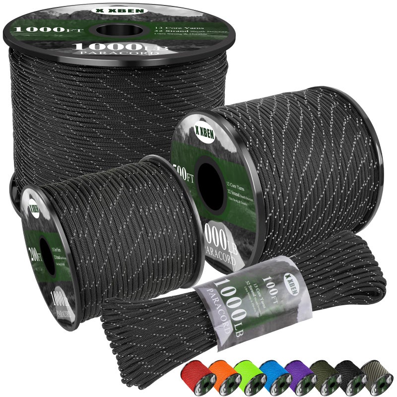 X XBEN Paracord Reflective 1000lb, 50/100/200/500/1000ft 4mm, 13 Strand Parachute Spool Cord, Heavy Duty Paracord Rope for Camping, Fishing, Hiking, Hunting, DIY Crafts, Black - Image 1