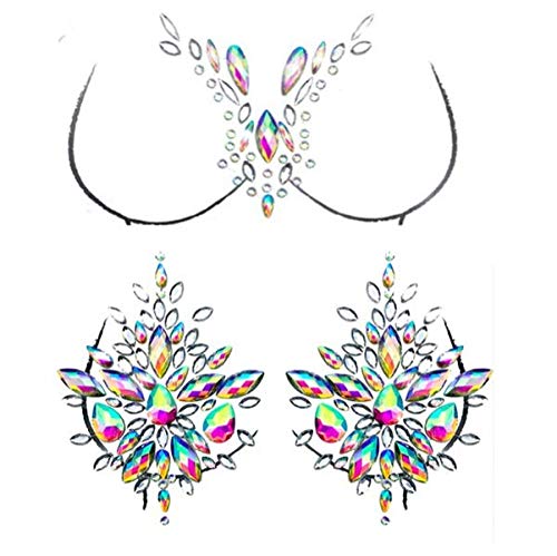 Body Gems Stickers, Chest Gems and Breast Pasties Jewelry Makeup Set, Body Jewels for Festival Rave Party, 2-Pack