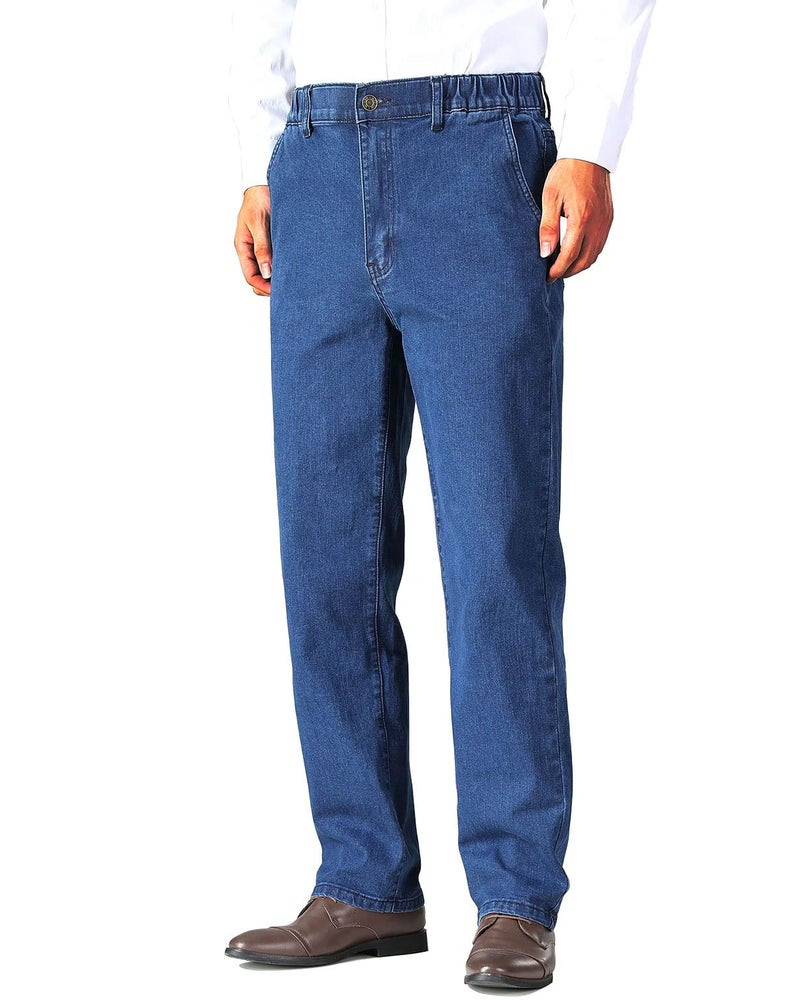 Soojun Mens Elastic Waist Jeans Relaxed Fit with Zipper and Button, Blue, 34W x 30L - Image 1
