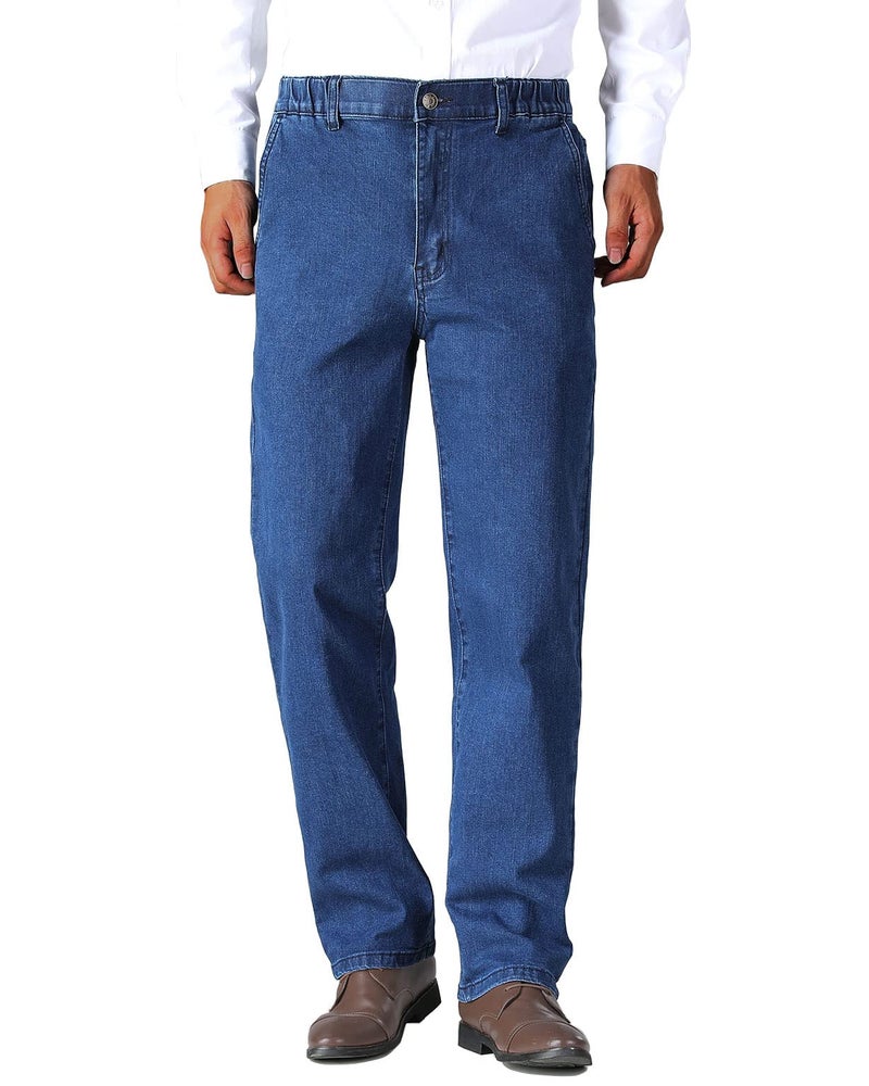 Soojun Mens Elastic Waist Jeans Relaxed Fit with Zipper and Button, Blue, 34W x 30L - Image 2