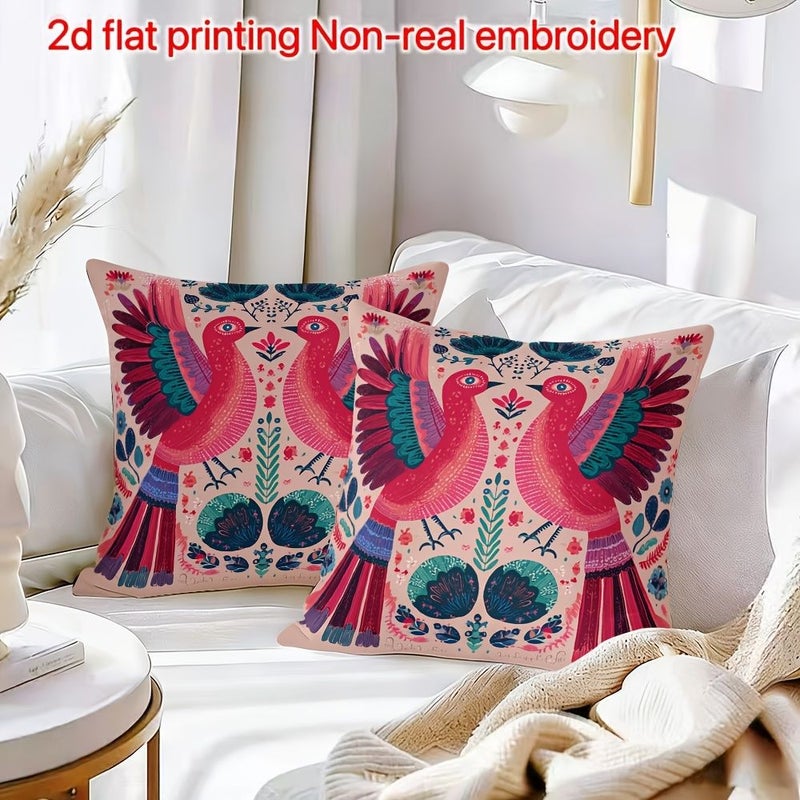 2D Flat Printing 2pcs Throw Pillow Covers 18in X 18in Symmetrical Flying Birds Pattern Pink And Deep Blue Nordic Vintage Art Design For Sofa Terrace Porch Holiday Party Gifting - Image 1