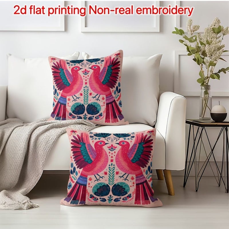 2D Flat Printing 2pcs Throw Pillow Covers 18in X 18in Symmetrical Flying Birds Pattern Pink And Deep Blue Nordic Vintage Art Design For Sofa Terrace Porch Holiday Party Gifting - Image 4