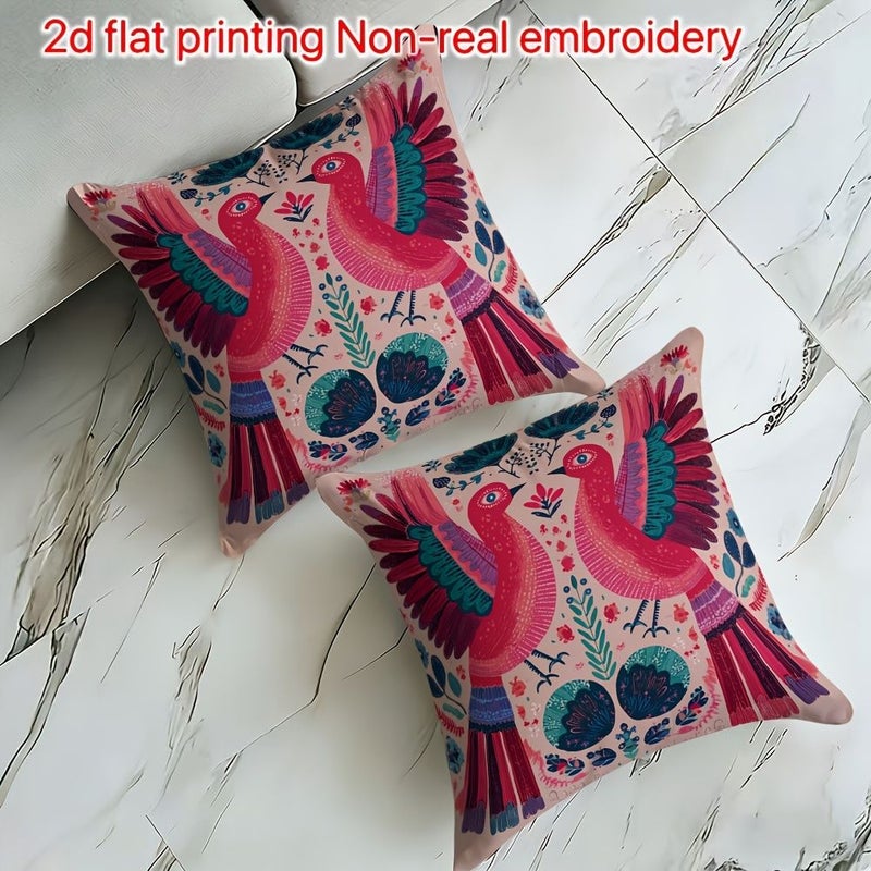 2D Flat Printing 2pcs Throw Pillow Covers 18in X 18in Symmetrical Flying Birds Pattern Pink And Deep Blue Nordic Vintage Art Design For Sofa Terrace Porch Holiday Party Gifting - Image 2