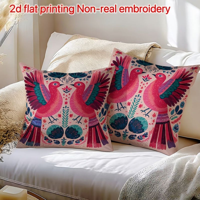 2D Flat Printing 2pcs Throw Pillow Covers 18in X 18in Symmetrical Flying Birds Pattern Pink And Deep Blue Nordic Vintage Art Design For Sofa Terrace Porch Holiday Party Gifting - Image 5