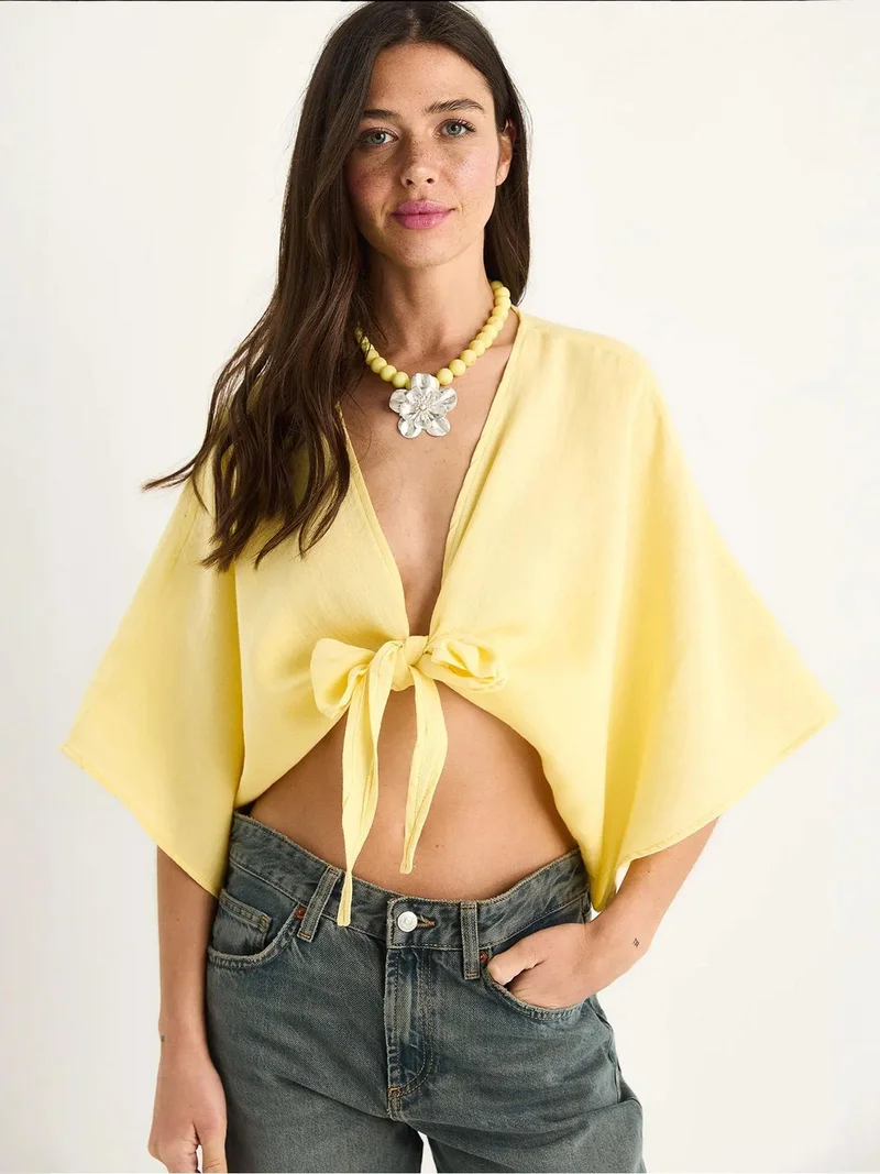 Bianco Lucci LUCCI Three Quarter Sleeve V-Neck Crop Blouse with Binding Detail