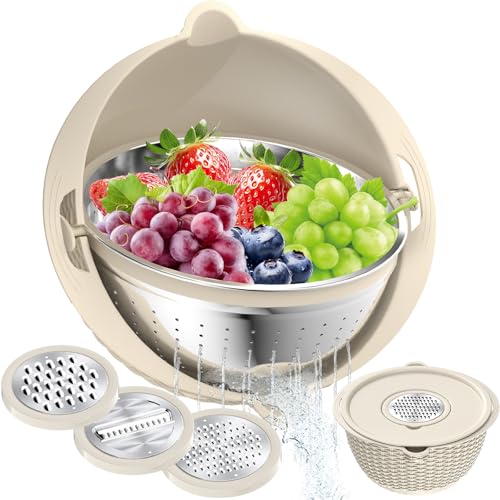 41 Colander with Bowl Set Food Strainers and Colanders Fruit Washing Bowl with Strainer Rotatable Colander for Kitchen Aesthetic Kitchen Gadget  Beige