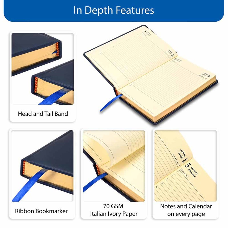 FIS 2026 Golden A5 Diary, 148x210mm, 1 Side Padded Italian PU Cover Materials, Round Corners, Gold Gilded Edges, Arabic/English, 70gsm Italian Ivory Paper, Blue Cover - FSDI19AEG26BL - Image 5