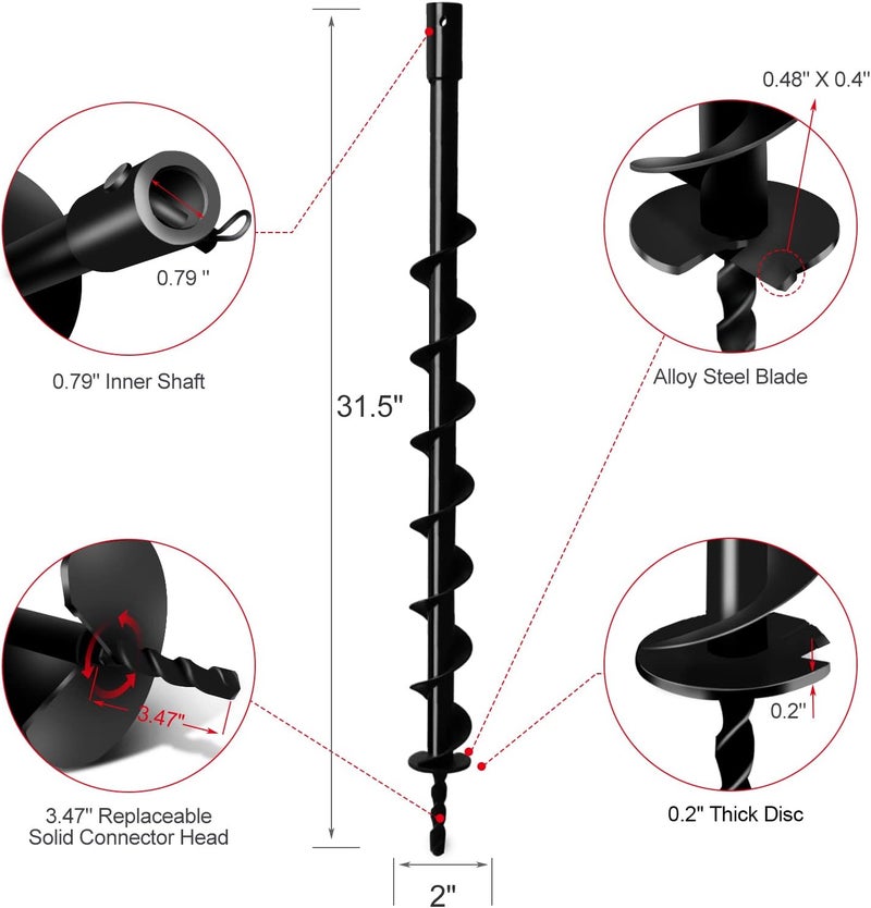 Longrun Post Hole Digger 0.79"(20mm) Inner Shaft Head Earth Auger Drill Bit, Fence Hole Digger Solid Spiral Augers, Garden Hole Digging Drill Bit for Planting Trees, Bulb, Earth Burrowing-2" x 31.5" - Image 2