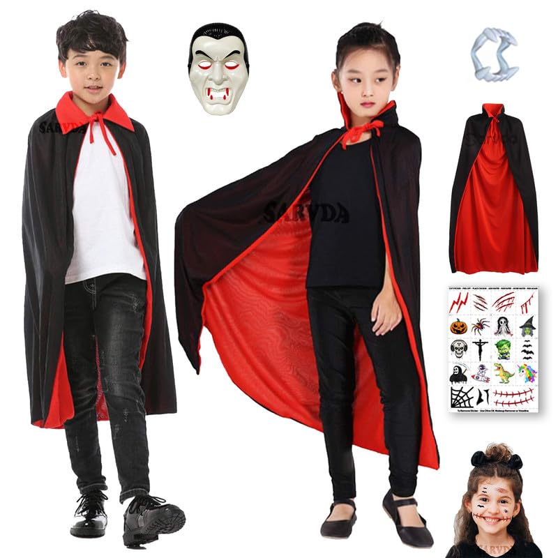 Sarvda Halloween Robe Dress for Boys and Girls | Cloak For Kids | Robe Vampire Costume with Dracula Mask | Dracula Teeth | Makeup Tattoo | Role Play | For 4 to 5 year Boys and Girls - Image 1