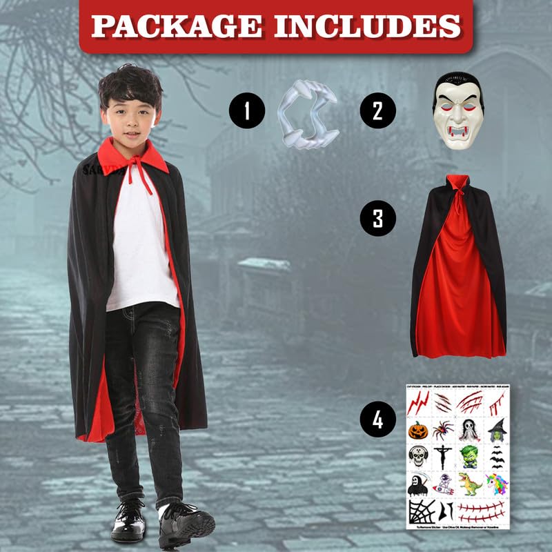 Sarvda Halloween Robe Dress for Boys and Girls | Cloak For Kids | Robe Vampire Costume with Dracula Mask | Dracula Teeth | Makeup Tattoo | Role Play | For 4 to 5 year Boys and Girls - Image 2