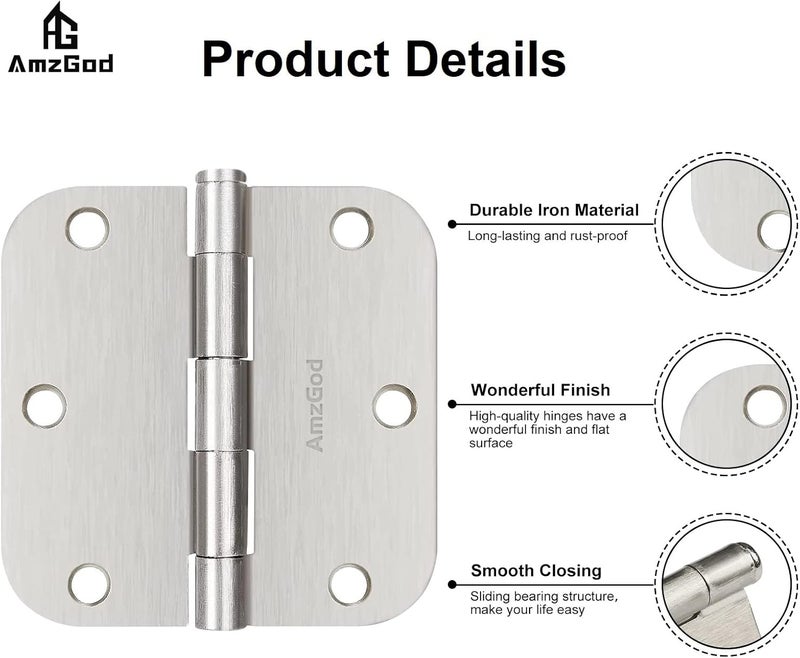 AmzGod Door Hinges Brushed Nickel - 18 Pack Satin Nickel 3.5 Inch Rounded Interior and Exterior Door Hinges with 5/8" Radius - 3 1/2 Inch Silver Residential Standard Door Hardware - Image 4