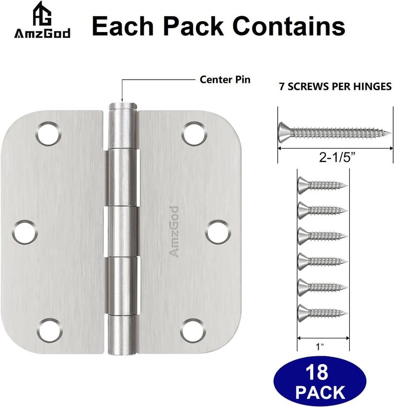 AmzGod Door Hinges Brushed Nickel - 18 Pack Satin Nickel 3.5 Inch Rounded Interior and Exterior Door Hinges with 5/8" Radius - 3 1/2 Inch Silver Residential Standard Door Hardware - Image 3