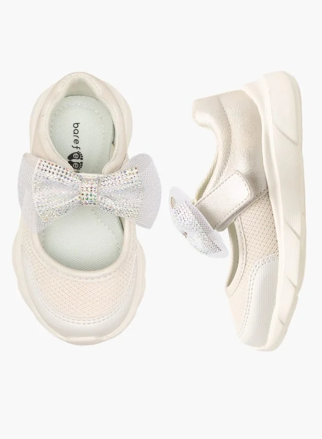Barefeet Girls Embellished Bow Sneakers With Hook And Loop Closure
