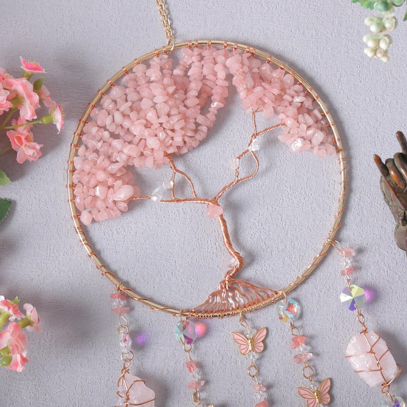 Dreamocean Pink Dream Catchers Crystal Tree of Life Dreamcatcher with Rose Quartz Butterfly Crystal Suncatcher Prism Hangings Decor Wall Window Bedroom Room Home Decoration Gifts for Girls Boys Adults - Image 3