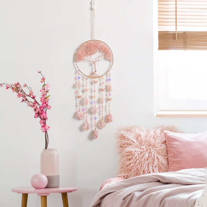 Dreamocean Pink Dream Catchers Crystal Tree of Life Dreamcatcher with Rose Quartz Butterfly Crystal Suncatcher Prism Hangings Decor Wall Window Bedroom Room Home Decoration Gifts for Girls Boys Adults - Image 2