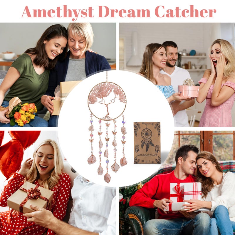 Dreamocean Pink Dream Catchers Crystal Tree of Life Dreamcatcher with Rose Quartz Butterfly Crystal Suncatcher Prism Hangings Decor Wall Window Bedroom Room Home Decoration Gifts for Girls Boys Adults - Image 5