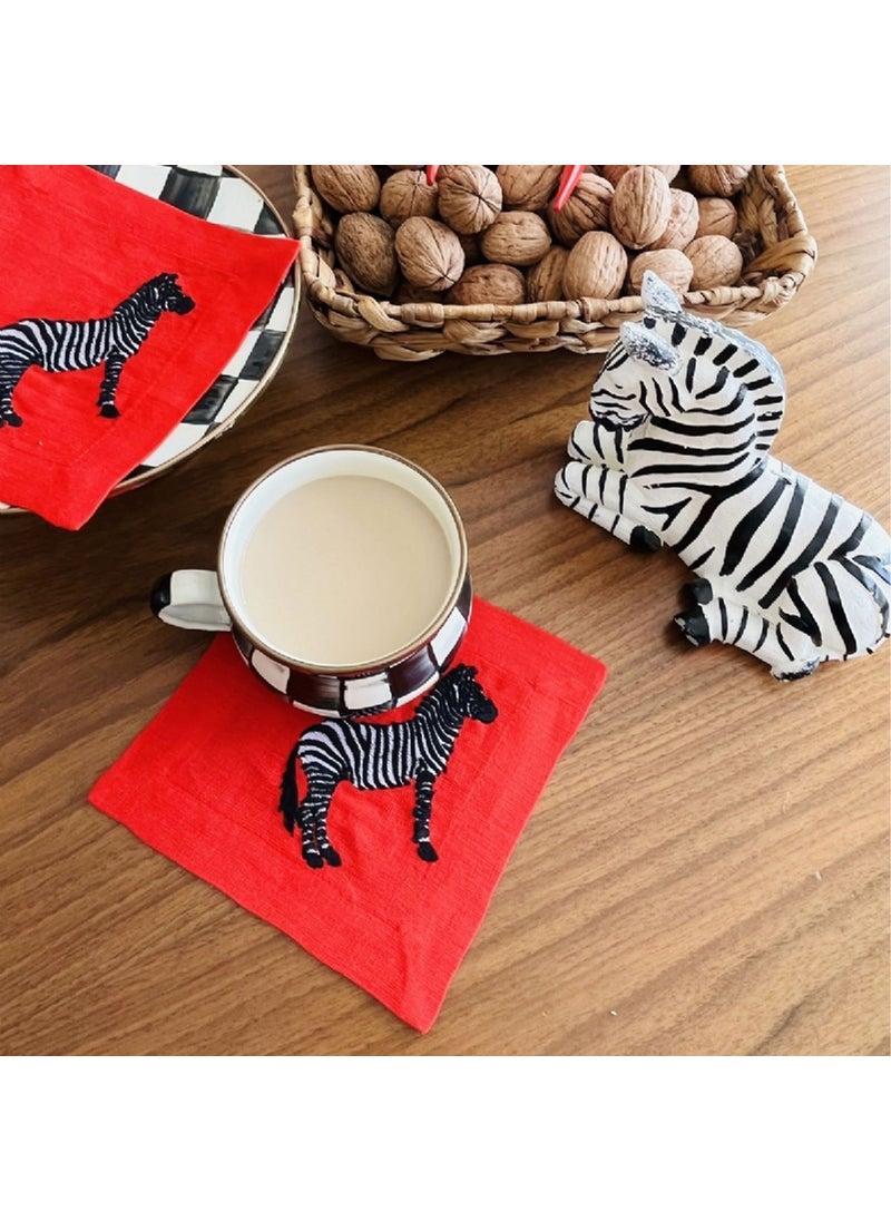 Ge Living Decorative Zebra Patterned Red Linen Cocktail Napkin - 2 Pieces  - Image 2
