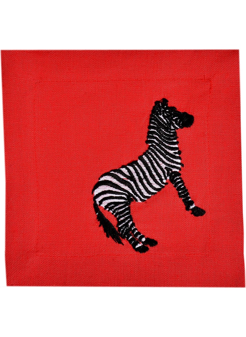 Ge Living Decorative Zebra Patterned Red Linen Cocktail Napkin - 2 Pieces  - Image 3