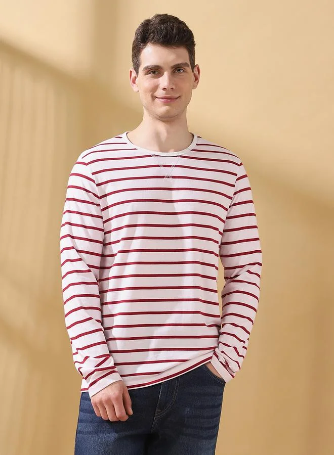 Dennis Lingo Men's Maroon Cotton Blend Striped Regular Fit T-Shirt