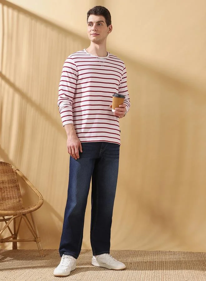 Dennis Lingo Men's Maroon Cotton Blend Striped Regular Fit T-Shirt