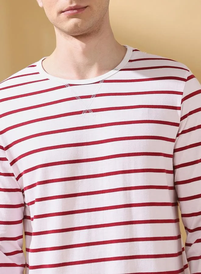Dennis Lingo Men's Maroon Cotton Blend Striped Regular Fit T-Shirt