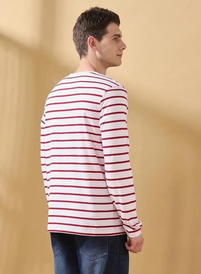 Dennis Lingo Men's Maroon Cotton Blend Striped Regular Fit T-Shirt