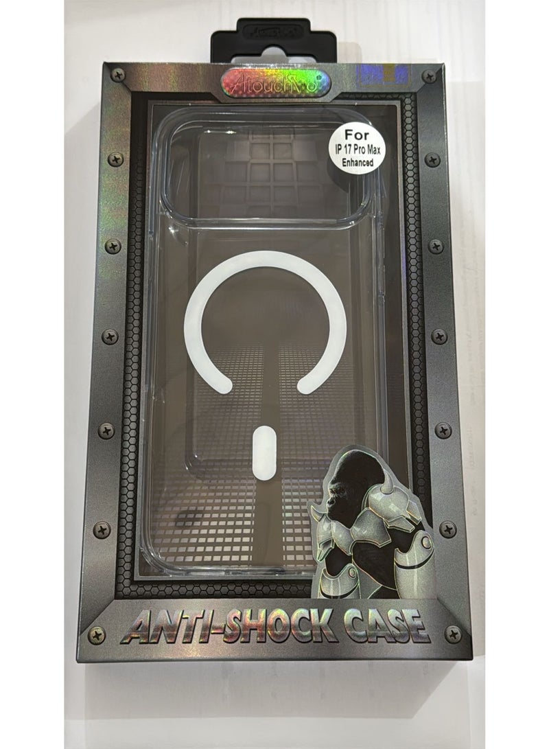 Atouchbo iPhone 17 Pro Max Clear shockproof case with built-in magnetic ring for car mounts and magnetic holders Elegant lightweight cover with anti-yellowing protection. A premium clear phone case made of soft TPU and hard PC for strong protection against drops, bumps, and scratches. Comes with a magnetic ring holder, allowing perfect compatibility with magnetic car mounts and stands. Anti-yellowing coating keeps the case crystal clear for a long time.