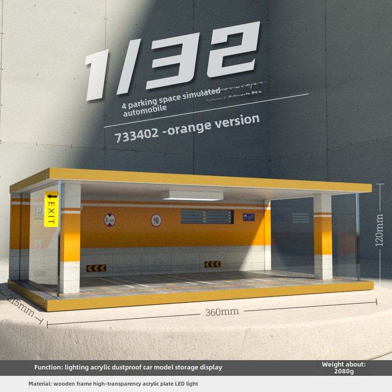 إسكدنيا Wholesale Miniature Car Garage Model, Wooden Dustproof Cover with Light, 1:32 733402-Four-car Orange Edition